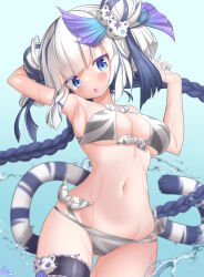Rule 34 | animal ears, animal print, armpits, bikini, blue eyes, blunt bangs, braided pigtails, breasts, gradient background, hair buns, hair ornament, haku (p&amp;d), highres, lilium0235, medium breasts, nail polish, navel, purple hair, swimsuit, tail, tiger ears, tiger print, tiger tail, water, wet, white hair