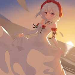 Rule 34 | 1girl, absurdres, alternate hair length, alternate hairstyle, breasts, bridal gauntlets, bride, commentary request, dress, dress tug, evil king, gradient sky, highres, honkai (series), honkai impact 3rd, looking at viewer, ocean, outdoors, red eyes, short hair, sky, small breasts, solo, sunset, theresa apocalypse, theresa apocalypse (luna kindred), wedding dress