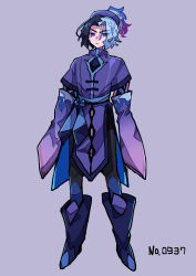 1boy amethio_(pokemon) black_hair black_pants blue_sash boots bright_pupils ceruledge ceruledge_(cosplay) closed_mouth cosplay full_body hat highres looking_at_viewer loose_hair_strand male_focus multicolored_hair nintendo pants pokedex_number pokemon pokemon_(anime) pokemon_(creature) pokemon_horizons purple_background purple_boots purple_eyes purple_hat purple_shirt sash shiba_dzuke shirt short_hair simple_background solo standing symbol-shaped_pupils triangle-shaped_pupils two-tone_hair white_hair white_pupils