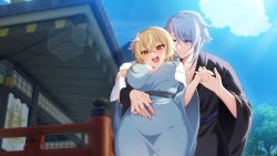1boy 1girl absurdres belly_rub blonde_hair blue_eyes blue_hair blush breasts cleavage flower from_below genshin_impact hair_between_eyes hair_flower hair_ornament hetero highres holding_hands ia_(ias1010) japanese_clothes kamisato_ayato kimono large_breasts lumine_(genshin_impact) mole mole_under_mouth open_mouth ponytail short_hair short_hair_with_long_locks stomach underboob yellow_eyes