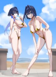 absurdres alternate_costume beach bikini blue_eyes blue_hair blue_sky breasts cleavage closed_mouth cloud collarbone commentary day gold_bikini golden_week golden_week_bikini hair_intakes highres hololive hololive_english horizon koizumi_arata large_breasts long_hair looking_at_viewer medium_hair multicolored_hair multiple_girls navel ocean ouro_kronii outdoors sand satin_bikini shiny_swimsuit short_hair sky smile stomach string_bikini swimsuit virtual_youtuber water wolf_cut