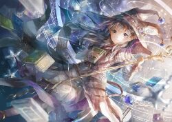 1girl black_hair book breasts dress hat holding holding_book iris_mysteria! mage_staff magic magic_circle misaki_yuu_(misaki_1192) naja_(iris_mysteria!) pointy_ears purple_eyes small_breasts staff star_(symbol) witch witch_hat