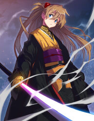 1girl :&lt; blue_eyes brown_hair company_connection hair_between_eyes hands_in_hair highres holding holding_sword holding_weapon interface_headset_(evangelion) japanese_clothes kamen_rider long_hair looking_at_viewer neon_genesis_evangelion shin_kamen_rider simple_background solo souryuu_asuka_langley sword syope two_side_up very_long_hair weapon what