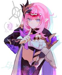 1girl black_boots black_gloves black_shorts blue_eyes boots breasts character_name commentary_request corset elf elysia_(honkai_impact) elysia_(miss_pink_elf)_(honkai_impact) finger_to_mouth gloves hair_ornament highres honkai_(series) honkai_impact_3rd leaning_forward long_hair looking_at_viewer musical_note pink_hair pointy_ears short_shorts shorts simple_background single_glove smile solo spoken_musical_note thighs white_background white_corset x431788