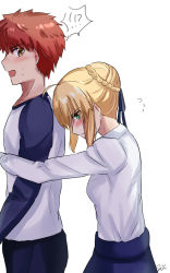 1boy 1girl artoria_pendragon_(fate) blonde_hair blue_skirt blush emiya_shirou fate/stay_night fate_(series) green_eyes highres hug hug_from_behind orange_eyes raglan_sleeves red_hair saber_(fate) shirt sii_artatm skirt sweatdrop white_background white_shirt