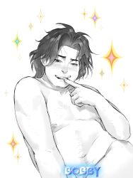 Rule 34 | 1boy, bara, bare pectorals, belly, biceps, biting own finger, biting own lip, black hair, blush, bobby (kpop demon hunters), character name, colaoaoiacquy, commentary, completely nude, convenient censoring, english commentary, english text, fat, fat man, greyscale, highres, kpop demon hunters, long hair, looking at viewer, male focus, monochrome, navel, nipples, nude, partially colored, pectorals, sparkle, white background