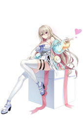 1girl aqua_jacket bare_shoulders belt blue_ribbon box braid breasts brown_hair choker cleavage closed_mouth closers colored_inner_hair dress frilled_dress frills gift gift_box heart high_heels highres jacket jewelry large_breasts long_hair long_sleeves looking_at_viewer multicolored_hair off_shoulder official_art pink_hair puffy_long_sleeves puffy_sleeves purple_shoes red_eyes ribbon ring shoes short_dress simple_background sitting skindentation sleeveless sleeveless_dress smile solo thigh_strap thighhighs thighs two-tone_hair v very_long_hair white_background white_choker white_dress white_thighhighs yoon_ria_(closers)