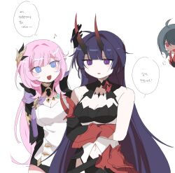 Rule 34 | 3girls, absurdres, ahoge, black dress, black shorts, blue eyes, breasts, chabb nb, commentary request, corset, crossed arms, dress, elf, elysia (honkai impact), elysia (miss pink elf) (honkai impact), hair ornament, highres, honkai (series), honkai impact 3rd, horns, korean commentary, korean text, large breasts, long hair, multiple girls, musical note, pink hair, pointy ears, purple eyes, purple hair, raiden mei, raiden mei (herrscher of thunder), raven (honkai impact), red eyes, red horns, shorts, simple background, speech bubble, touching another&#039;s horn, translation request, very long hair, white background, white corset
