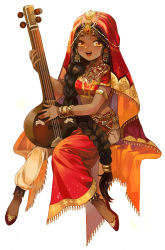 1girl :d apple972 armlet black_hair bracelet braid brown_eyes dark-skinned_female dark_skin earrings female_focus flats full_body gold_trim hair_over_shoulder india indian instrument inzup jewelry long_hair looking_at_viewer midriff music open_mouth original playing_instrument ring simple_background single_braid sitar sitting smile solo teeth veil very_dark_skin very_long_hair white_background
