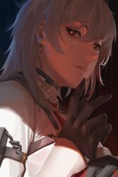 1girl absurdres adjusting_eyewear black_collar black_gloves bright_pupils chest_harness closed_mouth collar collared_shirt commentary gloves grey_hair hand_up harness highres kuraasa_5 long_hair looking_at_viewer mole mole_under_eye necktie portrait red_eyes red_necktie shirt solo white_pupils white_shirt wuthering_waves zani_(wuthering_waves)