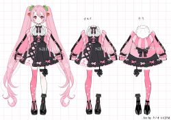 1girl asymmetrical_legwear bare_shoulders black_skirt black_socks cherry_hair_ornament closed_mouth collared_shirt commentary_request copyright_notice food-themed_hair_ornament full_body grid_background hair_ornament hatsune_miku highres jacket jikuno leaf_hair_ornament long_hair long_sleeves looking_at_viewer multiple_views official_art open_clothes open_jacket pink_eyes pink_hair pink_jacket pink_thighhighs reference_sheet sakura_miku shirt single_sock single_thighhigh skirt sleeveless sleeveless_shirt sleeves_past_wrists smile socks standing thigh_strap thighhighs twintails uneven_legwear very_long_hair vocaloid white_background white_shirt