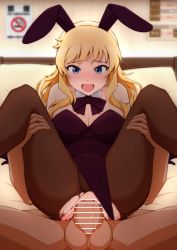 1boy 1girl :d alternate_costume anal animal_ears bar_censor blonde_hair blue_eyes blush breasts brown_pantyhose ccg842000 censored cleavage clothing_aside commentary_request detached_collar fake_animal_ears fishnet_pantyhose fishnets hetero highres idolmaster idolmaster_cinderella_girls indoors leotard leotard_aside long_hair no_smoking ohtsuki_yui open_mouth pantyhose penis pillow playboy_bunny rabbit_ears sex sign smile spread_legs torn_clothes torn_legwear translation_request