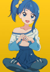 Rule 34 | blue eyes, blue hair, blue shirt, blue skirt, blue thighhighs, bow, casual, clothes lift, commentary request, cut bangs, hair bow, hirogaru sky! precure, indian style, li@ (rikku04), lifting own clothes, long sleeves, miniskirt, off shoulder, partial commentary, pleated skirt, precure, shirt, shirt lift, short hair, side ponytail, single sidelock, sitting, skirt, sora harewataru, t-shirt, thighhighs, two-tone shirt, white shirt, yellow background, yellow bow