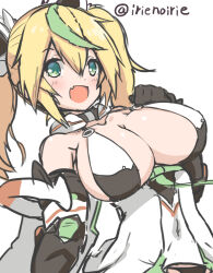 1girl bare_shoulders blonde_hair breasts cleavage collarbone detached_sleeves fang gene_(pso2) green_eyes green_hair hair_ornament irie_keisuke_(handn) large_breasts looking_at_viewer multicolored_hair open_mouth phantasy_star phantasy_star_online_2 skin_fang smile solo streaked_hair twintails twitter_username white_background