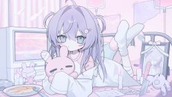 1girl ahoge bandaid bed blue_eyes blush_stickers bottle buttons candle closed_mouth coat crt curtains food fork hair_intakes hair_ornament hairclip heart highres hisame_mon hospital hospital_bed iei indoors iv_stand knife lab_coat light_blush long_coat long_hair looking_at_viewer lying nemuri-chan okusuri_nonde_neyou_(vocaloid) on_bed on_stomach open_clothes open_coat pancake paper pill pink_shirt plate portrait_(object) poster_(object) purple_hair ribbon shirt single_blush_sticker sleeves_past_fingers sleeves_past_wrists socks solo stuffed_animal stuffed_rabbit stuffed_toy television thermometer two_side_up vocaloid white_coat white_ribbon white_socks window