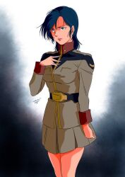 Rule 34 | 1girl, artist name, belt, blue eyes, blue hair, breasts, chan agi, char&#039;s counterattack, closed mouth, commentary request, earth federation, gundam, highres, jacket, looking at viewer, military, military uniform, pgmajimaji, short hair, skirt, solo, upper body