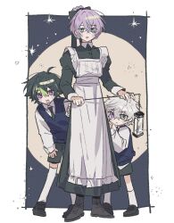 Rule 34 | 3boys, aged down, apron, black dress, black shoes, blue hair, blue sweater vest, bow, braid, braided bun, collared dress, collared shirt, crossdressing, dress, green eyes, green hair, hair bow, hair bun, heterochromia, highres, holding lamp, hoshirube sho, inami rai, juliet sleeves, kneehighs, kyuhachi, lamp, loafers, long dress, long sleeves, maid, maid apron, male focus, male maid, multicolored hair, multiple boys, murakumo kagetsu, necktie, nijisanji, puffy sleeves, purple hair, shirt, shoes, short hair, short shorts, shorts, single hair bun, socks, standing, streaked hair, sweater vest, thighhighs, two-tone hair, virtual youtuber, white apron, white hair, white shirt