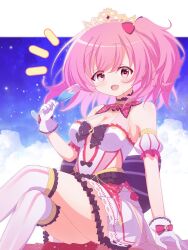 1girl :d absurdres arm_at_side assault_lily back_bow bare_shoulders black_bow blue_sky blush bow breasts champagne_flute cleavage cloud commentary_request crossed_legs cup cutout_above_navel detached_sleeves dress dress_bow drink drinking_glass earrings feet_out_of_frame frilled_thigh_strap glove_bow gloves gradient_thighhighs hair_bow halter_dress halterneck hand_up highres hitotsuyanagi_riri holding holding_cup jewelry layered_dress letterboxed light_particles looking_at_viewer medium_breasts medium_hair notice_lines official_alternate_costume one_side_up open_mouth outdoors outside_border pink_eyes pink_hair pink_thighhighs puffy_detached_sleeves puffy_sleeves red_bow red_dress ri_(pikatexiu_106) short_sleeves single_earring sitting sky sleeveless sleeveless_dress smile solo striped_clothes striped_thighhighs thigh_strap thighhighs tiara two-tone_dress two-tone_thighhighs vertical-striped_clothes vertical-striped_thighhighs white_dress white_gloves white_thighhighs
