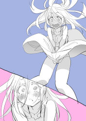1girl bare_shoulders blush clothes_lift collarbone covering_privates crying crying_with_eyes_open dress dress_lift dress_tug embarrassed highres konchiki long_hair looking_at_viewer monochrome open_mouth original pink_background simple_background sleeveless sleeveless_dress sweat tears wavy_mouth wind wind_lift