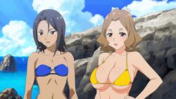 2girls animated animated_gif anime_screenshot areola_slip arms_(studio) bikini black_hair blue_bikini blush breast_lift breasts breasts_squeezed_together brown_eyes brown_hair covered_erect_nipples deep_skin flat_chest grabbing_another&#039;s_breast groping huge_breasts kaneko_hiraku kouzuki_(valkyrie_drive) large_areolae lipstick lowres makeup micro_bikini miyasato_(valkyrie_drive) multiple_girls navel short_hair swimsuit valkyrie_drive valkyrie_drive_-mermaid- yellow_bikini yuri