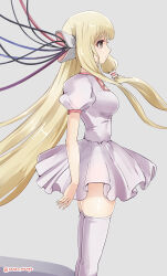 1girl absurdres android blonde_hair breasts brown_eyes cable chii chobits commentary_request dress from_side grey_background hair_tubes highres large_breasts long_hair persocom_(chobits) profile rasen_manga robot_ears simple_background solo standing thighhighs white_dress zettai_ryouiki