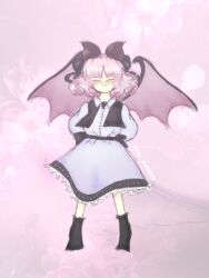 Rule 34 | artist name, black footwear, boots, bow, buttons, closed eyes, closed mouth, collared shirt, commentary, demon wings, english commentary, highres, long sleeves, mystic square, pink-haired makai resident (touhou), pink hair, roundpaleontologist3, senkou (tohuou), shirt, short hair, simple background, skirt, touhou, touhou (pc-98), white skirt, wings, zun (style)