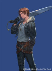1boy belt black_gloves black_jacket black_pants blue_background brown_belt brown_hair chain chain_necklace cowboy_shot cropped_jacket crossed_belts earrings final_fantasy final_fantasy_viii fur-trimmed_jacket fur_trim gloves gunblade hair_between_eyes jacket jewelry kato_ayaka leather leather_jacket leather_pants male_focus multiple_belts necklace official_art over_shoulder pants scar scar_on_face scar_on_forehead shirt short_hair single_earring solo squall_leonhart square_enix thigh_belt thigh_strap weapon weapon_over_shoulder white_fur white_shirt