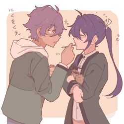 2boys :t ahoge bag blush border casual clenched_hand closed_eyes coat cowboy_shot dark-skinned_male dark_skin ensemble_stars! feeding flying_sweatdrops food green_coat green_jacket hair_between_eyes hair_intakes high_collar highres holding holding_spoon hood hoodie jacket kanzaki_souma lone_nape_hair long_hair long_sleeves looking_at_another male_focus meat motion_lines multiple_boys open_mouth otogari_adonis outside_border ponytail purple_hair raised_eyebrows shirt short_hair sidelocks sparkle spoon v-shaped_eyebrows white_border white_hoodie white_shirt whiten_wolf winter_clothes yellow_background yellow_eyes