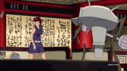 10s 1girl alien animated animated_gif battle belt energy_beam fighting gloves high_kick indoors japanese_text kicking laser lowres miniskirt red_hair robot roundhouse_kick scarlet_(space_dandy) skirt space_dandy text_focus violence