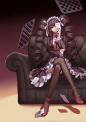 Rule 34 | 10s, 1girl, absurdres, between fingers, black hair, black nails, black thighhighs, bonnet, breasts, card, celestia ludenberg, center frills, closed mouth, clubs, collared shirt, couch, crossed legs, danganronpa: trigger happy havoc, danganronpa (series), dress shirt, drill hair, earrings, eyelashes, female focus, floating card, frills, full body, gothic lolita, gradient background, hair ribbon, heart, high heels, highres, holding, holding card, jewelry, lolita fashion, long hair, long sleeves, looking at viewer, maomaozi, nail polish, necktie, on couch, one eye covered, oversized object, playing card, red eyes, red necktie, red shoes, ribbon, shadow, shirt, shoes, sitting, small breasts, smile, solo, thighhighs, twin drills, twintails, very long hair, white ribbon, white shirt, wide sleeves