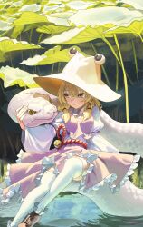1girl blonde_hair blush brown_hat dress frilled_dress frills frog_hair_ornament hair_ornament hair_ribbon hat highres leaf_umbrella long_hair long_sleeves m.q_(mqkyrie) moriya_suwako onbashira purple_skirt purple_vest ribbon rope shimenawa shoes skirt smile snake solo thighhighs touhou vest wide_sleeves yellow_eyes