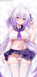 1girl absurdres breasts castorice_(honkai:_star_rail) commentary commentary_request cropped_shirt dakimakura_(medium) english_commentary fanbox_username gabriel_evangel gluteal_fold highres honkai:_star_rail honkai_(series) long_hair lying merchandise_available miniskirt navel no_bra on_back paid_reward_available panties pleated_skirt pointy_ears purple_eyes purple_hair purple_skirt school_uniform serafuku skirt solo stomach thighhighs thighs underboob underwear very_long_hair white_panties white_serafuku white_thighhighs