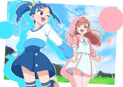 2girls ;d absurdres blue_eyes blue_hair blue_shirt blue_skirt blue_sky blue_thighhighs border bow bowtie brown_hair casual cloud cloudy_sky collared_dress commentary cut_bangs day dress green_eyes hair_bow hair_bun hair_ribbon hakuino_hakase highres hirogaru_sky!_precure holding_hands long_hair long_sleeves looking_at_another looking_back medium_hair miniskirt multiple_girls nijigaoka_mashiro one_eye_closed open_mouth outdoors pink_dress pink_hair pleated_skirt polka_dot polka_dot_background precure ribbon scrunchie shirt shoes short_dress side_ponytail silhouette single_hair_bun single_sidelock skirt sky smile sneakers socks sora_harewataru standing standing_on_one_leg t-shirt teeth thighhighs two-tone_dress two-tone_shirt upper_teeth_only white_border white_bow white_bowtie white_dress white_ribbon white_shirt wrist_scrunchie yellow_bow yellow_shoes yuri