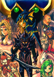 1990s_(style) 3girls 6+boys armor bald beard blonde_hair blue_eyes brown_hair cain_highwind castle cecil_harvey child cid_pollendina dark_knight dark_knight_(final_fantasy) dragon dragoon dragoon_(final_fantasy) everyone facial_hair final_fantasy final_fantasy_iv edward_chris_von_muir glasses golbez green_eyes green_hair helmet long_hair multiple_boys multiple_girls mustache palom porom purple_eyes rosa_farrell rydia_(ff4) short_hair silver16 smile sword tellah weapon white_hair yang_fang_leiden aged_down