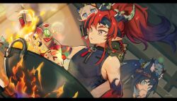 1boy 1girl afuriin annotated arknights black_headband black_shirt blaze_(arknights) blaze_the_igniting_spark_(arknights) chongyue_(arknights) colored_extremities commentary cooking dragon_bubble_(arknights) dusk_(arknights) english_commentary fire food frying_pan gradient_hair green_eyes hair_intakes headband highres horns letterboxed ling_(arknights) long_hair multicolored_hair nian_(arknights) pointy_ears purple_hair red_hair shirt shu_(arknights) sleeveless sleeveless_shirt steam sweat twitter_username yu_(arknights)