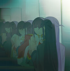 1girl absurdres ascot black_jacket closed_mouth different_reflection fur-trimmed_jacket fur_trim hand_on_mirror hand_up highres indoors jacket jacket_on_shoulders long_hair long_sleeves looking_at_reflection multiple_views purple_eyes purple_hair recursion red_jacket red_pupils reflection school_uniform seishou_music_academy_uniform shoujo_kageki_revue_starlight smile takano_daidokoro tile_wall tiles tsuyuzaki_mahiru two_side_up white_ascot