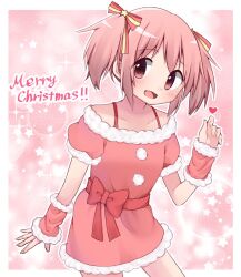 ! !! 1girl bare_legs blush christmas collarbone dot_nose feet_out_of_frame female_focus happy_candy_ooo heart_(symbol) kaname_madoka legs looking_at_viewer mahou_shoujo_madoka_magica merry_christmas open_mouth pink_hair pom_pom_(clothes) solo sparkle standing star_(symbol)