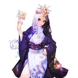 1girl animal bag black_hair breasts clothed_animal cowboy_shot drill_hair floral_print flower food full_body hair_flower hair_ornament hair_over_shoulder hairband hand_on_own_hip handbag haori highres holding isaac_hein_iii izanami_(uchihime) japanese_clothes kimono large_breasts long_hair long_sleeves looking_at_viewer mask multicolored_hair new_year non-web_source obi pink_eyes purple_hair red_eyes sash smile solo transparent_background two-tone_hair uchi_no_hime-sama_ga_ichiban_kawaii wavy_hair white_hair wide_sleeves