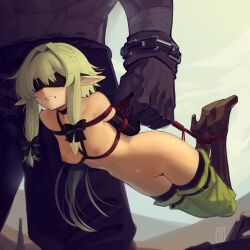 1girl absurdres angry bdsm blindfold bondage boots bound bow breasts brown_bow brown_footwear cad_(caddo) carrying carrying_person collarbone commission elf full_body goblin goblin_slayer! green_eyes green_hair hair_between_eyes hair_bow hair_intakes high_elf_archer_(goblin_slayer!) high_heels highres hogtie knee_boots long_hair luggage_bondage nipples nude pointy_ears pussy restrained second-party_source shibari sidelocks small_breasts solo_focus thighhighs