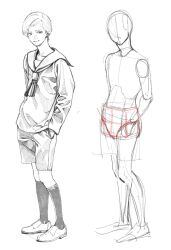 Rule 34 | 1boy, greyscale, guide, highres, how to, kneehighs, male focus, monochrome, original, school uniform, serafuku, shigoku eimi, shoes, short hair, sketch, skirt, socks, standing