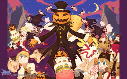 3others 4boys 5girls armor bag bag_on_head bathory blonde_hair bloody_murderer blue_eyes blue_hair blue_sky breastplate brown_capelet brown_hair brown_shirt cake candy cape capelet checkerboard_cookie clenched_teeth closed_eyes closed_mouth cloud coat cookie copyright_notice crescent_moon cross cross_necklace deviruchi_hat disgust dress eye_brooch food ghost gloom_(expression) gold_trim halloween hat head_wings heart high_priest_(ragnarok_online) highres jack-o&#039;-lantern jakk_(ragnarok_online) jewelry knight_(ragnarok_online) lips logo long_sleeves lude_(ragnarok_online) mage_(ragnarok_online) mask masked medium_hair moon multiple_boys multiple_girls multiple_others mummy mummy_(ragnarok_online) necklace novice_(ragnarok_online) official_art official_wallpaper open_mouth paper_bag pointy_ears priest_(ragnarok_online) pumpkin purple_hat quve_(ragnarok_online) ragnarok_online red_coat red_dress red_hair sash shirt shirure short_hair sky smile star_(sky) starry_sky swordsman_(ragnarok_online) teeth triangular_headpiece two-tone_dress ugly_woman upper_body white_cape white_capelet white_dress white_sash wings witch_hat wizard_(ragnarok_online) wrapped_candy