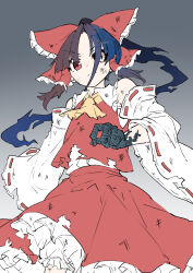 1girl ascot black_skin blue_hair bow brown_hair closed_mouth colored_sclera colored_skin commentary corruption deetamu detached_sleeves foul_detective_satori frilled_bow frilled_hair_tubes frills gradient_background gradient_hair grey_background hair_bow hair_tubes hakurei_reimu hakurei_reimu_(vengeful_spirit) highres long_hair looking_at_viewer mismatched_sclera multicolored_hair possessed red_bow red_eyes red_skirt ribbon-trimmed_sleeves ribbon_trim scratches skirt skirt_set solo touhou yellow_ascot