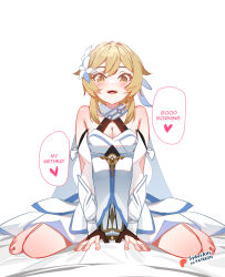 1girl barefoot blonde_hair breasts cleavage commentary dress english_commentary english_text genshin_impact looking_at_viewer lumine_(genshin_impact) medium_breasts open_mouth patreon_username pov short_hair_with_long_locks sidelocks sitting solo sydus tokidoki_bosotto_roshia-go_de_dereru_tonari_no_alya-san white_dress yellow_eyes yokozuwari