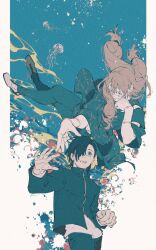 Rule 34 | 2boys, animal, arm up, black hair, black jacket, black pants, blue eyes, cowboy shot, cursed spirit (jujutsu kaisen), fingernails, floating, floating hair, grey hair, hair over one eye, head rest, highres, jacket, jellyfish, jujutsu kaisen, long hair, long sleeves, looking at another, mahito (jujutsu kaisen), male focus, mim (mimya0600), multiple boys, one eye covered, open mouth, pants, shirt, shoes, stitched arm, stitched face, stitched wrist, stitches, white shirt, white shoes, yoshino junpei