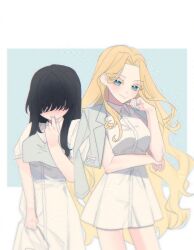 Rule 34 | 2girls, black hair, blonde hair, blue background, blue eyes, blue jacket, blue nails, blue outline, blue shirt, blush, breasts, casual, chi kan100, closed mouth, collared dress, colored eyelashes, covered eyes, cowboy shot, curled fingers, curly hair, curtained hair, dress, elbow on arm, facing viewer, frilled sleeves, frills, hair over eyes, hand on own cheek, hand on own chin, hand on own face, highres, jacket, jacket bow, jacket on shoulders, kakure meme, kimi no koto ga dai dai dai dai daisuki na 100-nin no kanojo, large breasts, long bangs, long hair, looking at viewer, mole, mole under mouth, multiple girls, nail polish, open mouth, outline, parted bangs, peanut mouth, shirt, shirt over dress, short dress, short sleeves, sidelocks, skirt hold, sleeveless, sleeveless dress, smile, spaghetti strap, utsukushisugi mimimi, very long hair, white background, white dress, white outline