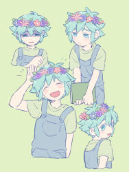 Rule 34 | 1boy, :d, ^ ^, antenna hair, arm behind back, arm up, basil (headspace) (omori), basil (omori), blue overalls, book, buttons, closed eyes, closed mouth, commentary request, cropped torso, double-parted bangs, facing viewer, flower, flower wreath, green eyes, green hair, green shirt, hair between eyes, head wreath, highres, holding, holding book, looking at viewer, looking back, looking to the side, male focus, multiple views, nn w ky, notice lines, omori, open mouth, orange flower, overalls, pale skin, peanut mouth, purple flower, purple rose, raised inner eyebrows, rose, sad, shaded face, shirt, short hair, short sleeves, simple background, smile, sweat, twitter username