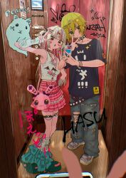 Rule 34 | 1boy, 1girl, absurdres, alternate costume, animal bag, arm warmers, bag, black shirt, black shoes, blonde hair, bracelet, brown hair, cellphone, choker, colored inner hair, full body, green eyes, hair between eyes, hair ornament, hairclip, hasu, heart, heart hair ornament, highres, holding, holding phone, jewelry, layered skirt, long hair, makaino ririmu, mirror selfie, multicolored hair, necklace, nijisanji, pants, phone, pink eyes, pink hair, pink skirt, plaid clothes, plaid skirt, platform shoes, pleated skirt, ring, selfie, shirt, shoes, short hair, short sleeves, shoulder bag, single arm warmer, skirt, smartphone, sneakers, spiked choker, spikes, star (symbol), star hair ornament, t-shirt, tank top, torn clothes, torn pants, two-tone hair, two side up, uzuki kou, v, virtual youtuber, white tank top, x hair ornament