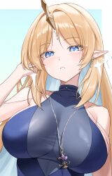 Rule 34 | 1girl, absurdres, adversarial noise, alternate costume, bare shoulders, blonde hair, blue background, blue eyes, blue hair, blush, border, breasts, chuvi y, colored inner hair, commentary request, covered collarbone, earrings, fleurdelys (wuthering waves), hand up, highres, horns, huge breasts, jewelry, korean commentary, long hair, long horns, looking at viewer, multicolored hair, necklace, parted bangs, parted lips, pointy ears, sidelocks, single horn, solo, tacet mark (wuthering waves), upper body, white border, wuthering waves, yellow horns