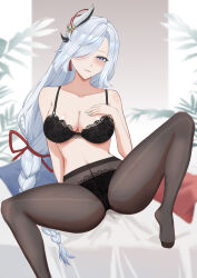 1girl absurdres black_bra black_panties black_pantyhose blue_eyes blush bra braid breasts cleavage earrings genshin_impact hair_ornament hair_over_one_eye hand_on_own_chest highres huanyueyuhua jewelry lace lace_bra lace_panties large_breasts long_hair looking_at_viewer low-braided_long_hair low-tied_long_hair navel panties panties_under_pantyhose pantyhose shenhe_(genshin_impact) sitting solo spread_legs tassel tassel_earrings underwear very_long_hair white_hair