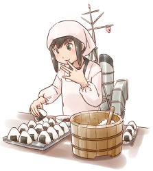 Rule 34 | apron, bandana, black eyes, black hair, commentary request, finger to mouth, food, fubuki (kancolle), fubuki kai ni (kancolle), heart lock (kantai collection), jewelry, kantai collection, kappougi, karasu (naoshow357), low ponytail, machinery, mast, ohitsu, onigiri, ponytail, rice, ring, school uniform, serafuku, shamoji, short ponytail, sidelocks, smokestack, upper body, wedding band